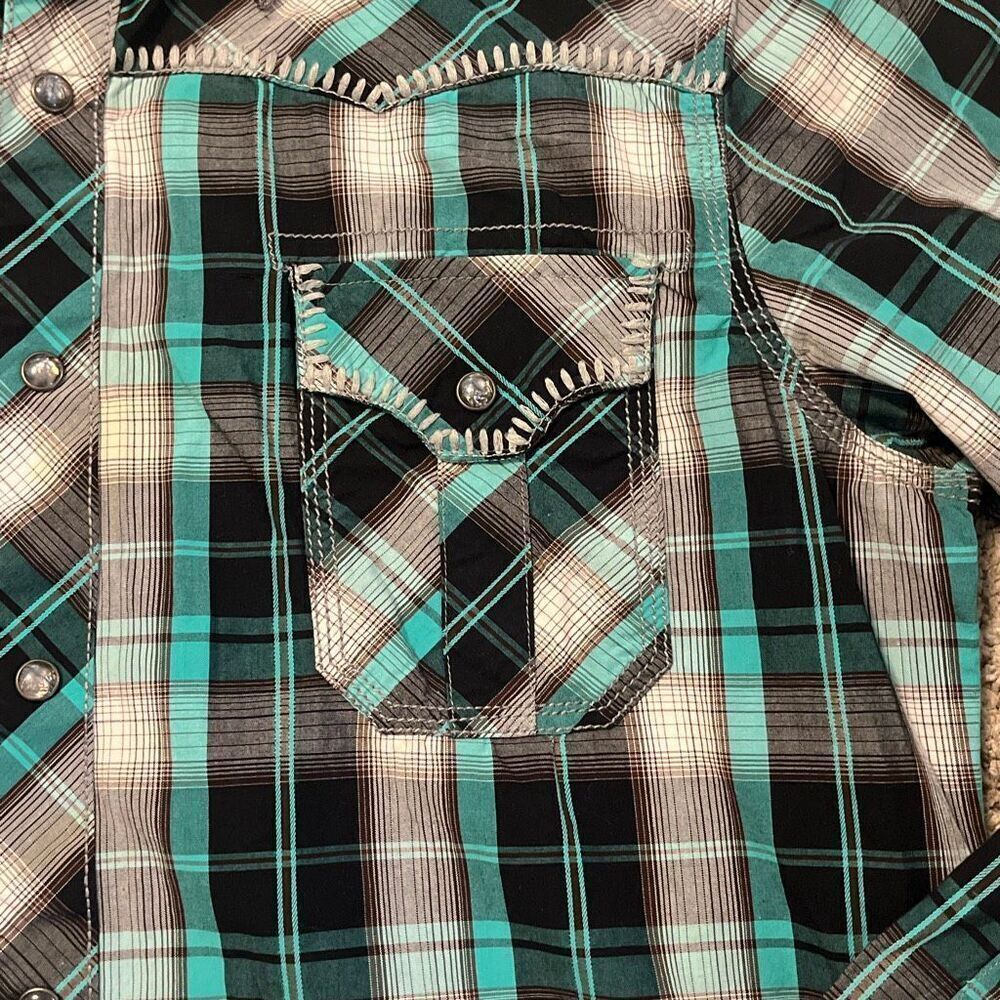 Rock & Roll Cowboy Plaid Long Sleeve Pearl Snap Shirt Large - Picture 3 of 7